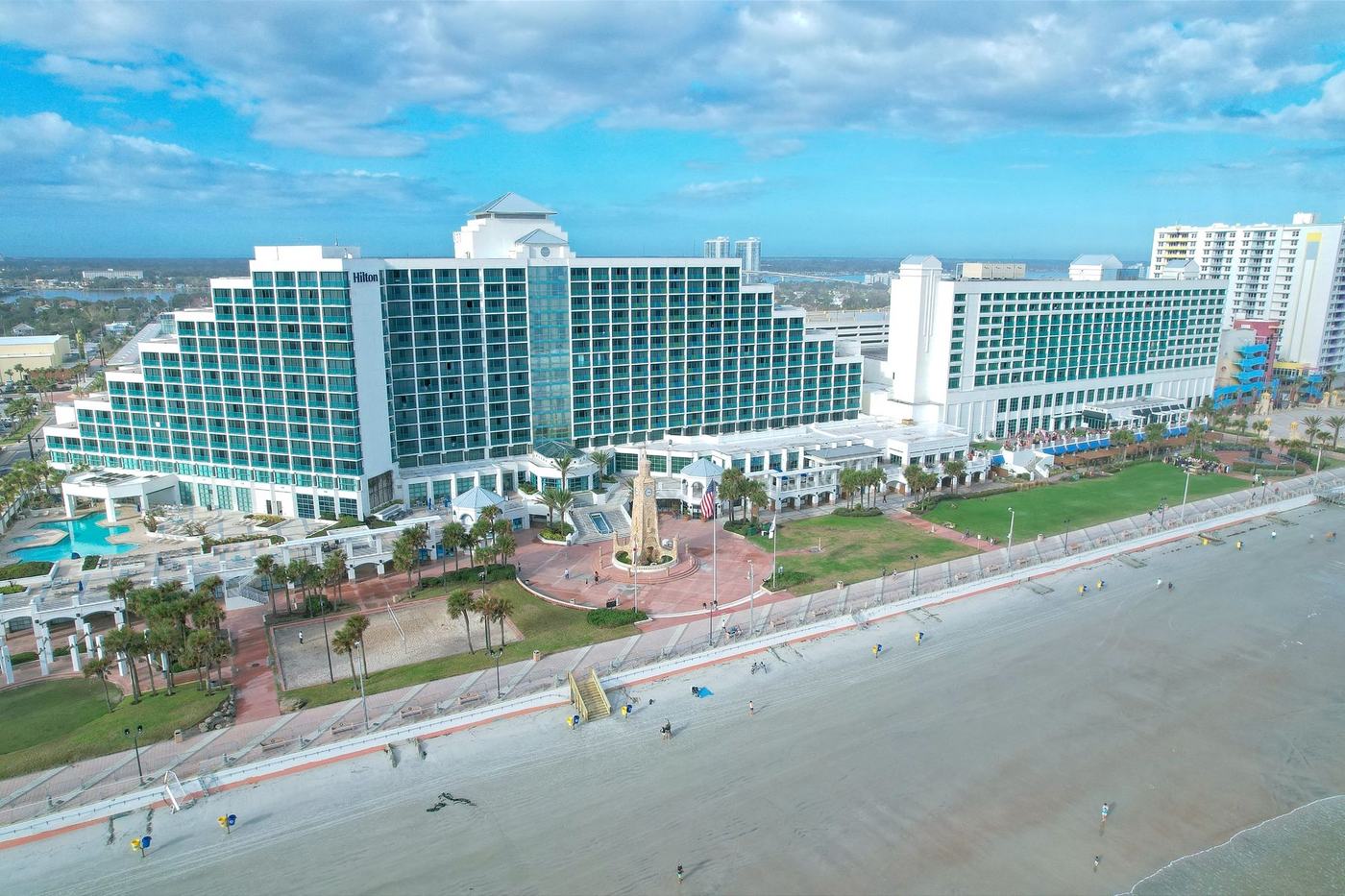 Aerial view of the Hilton Daytona Beach Oceanfront Resort and the shoreline