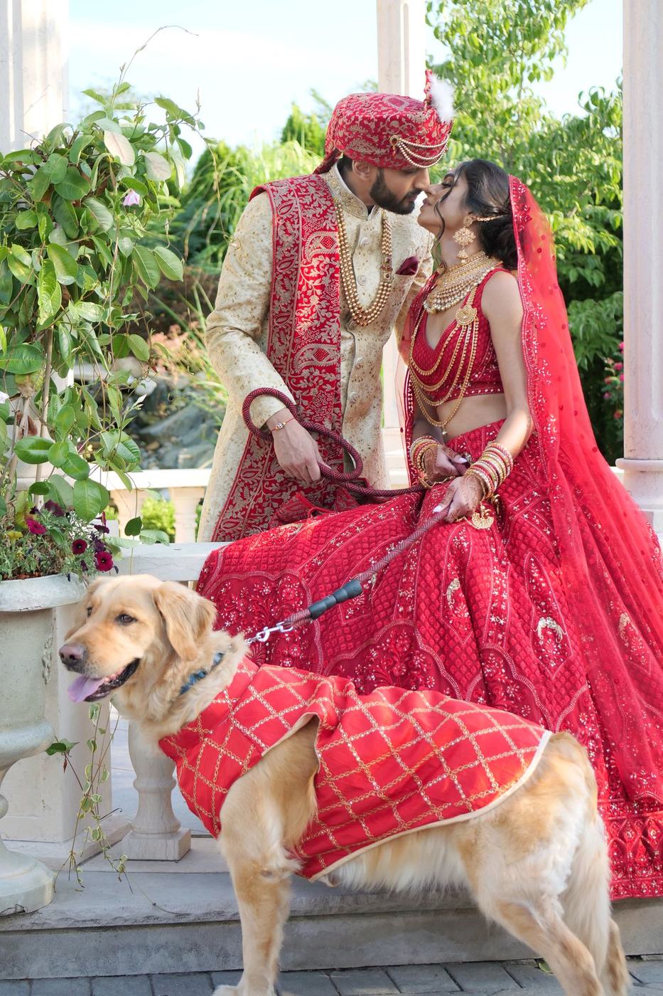 Bride and groom with their dog in a red bandana on the steps