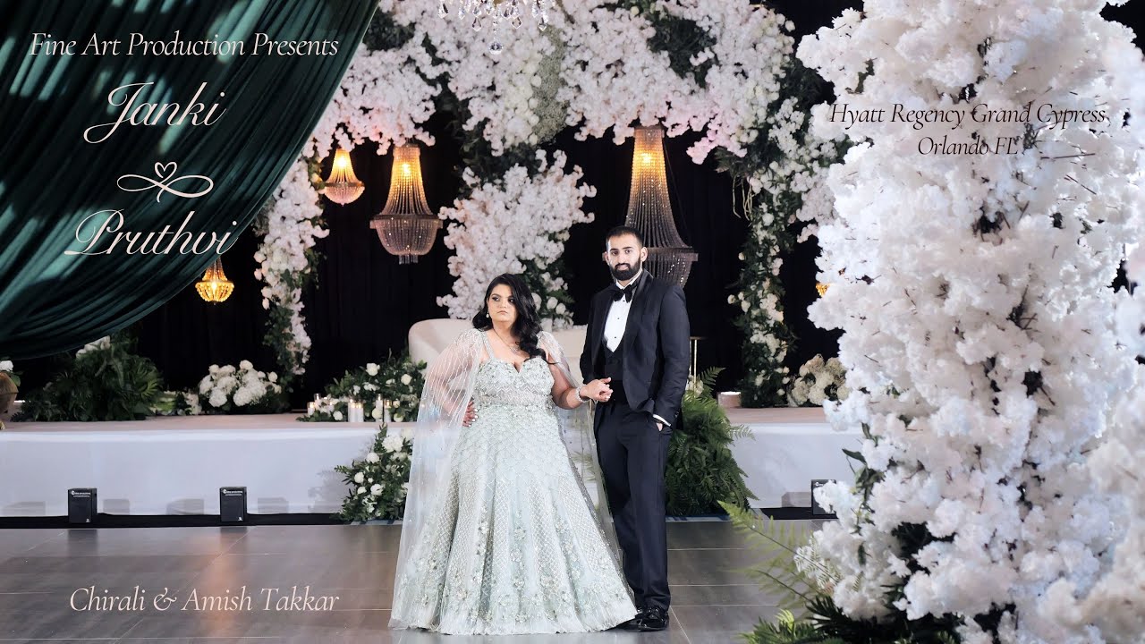 Opening frame of Janki and Pruthvi's wedding film in Orlando